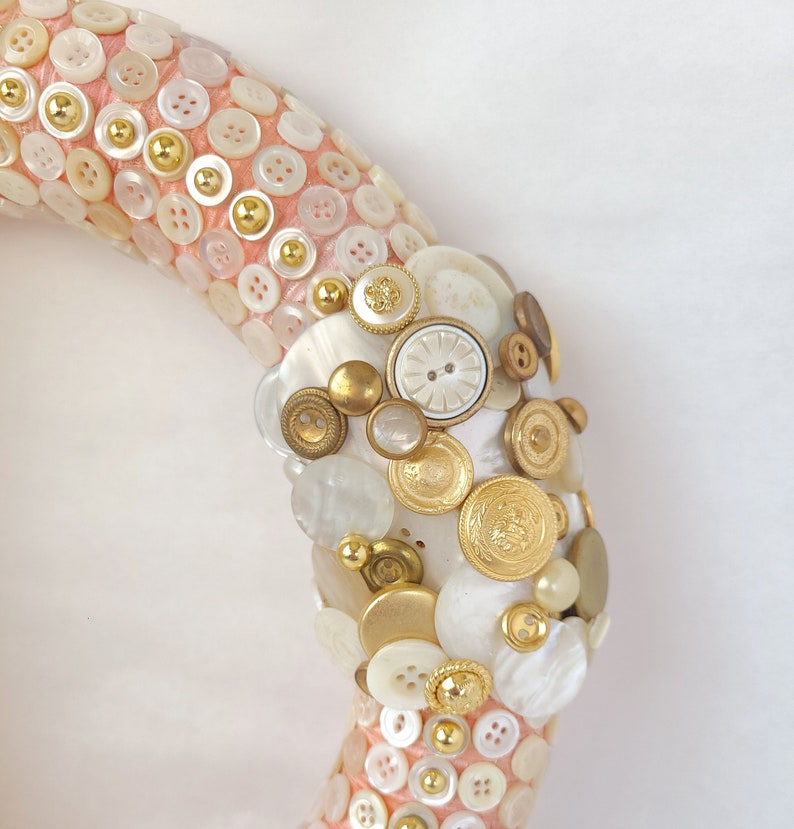 Vintage Button Wreath in Pink, White and Gold 12 Inch Button Decor / Sewing Room Wreath image 4