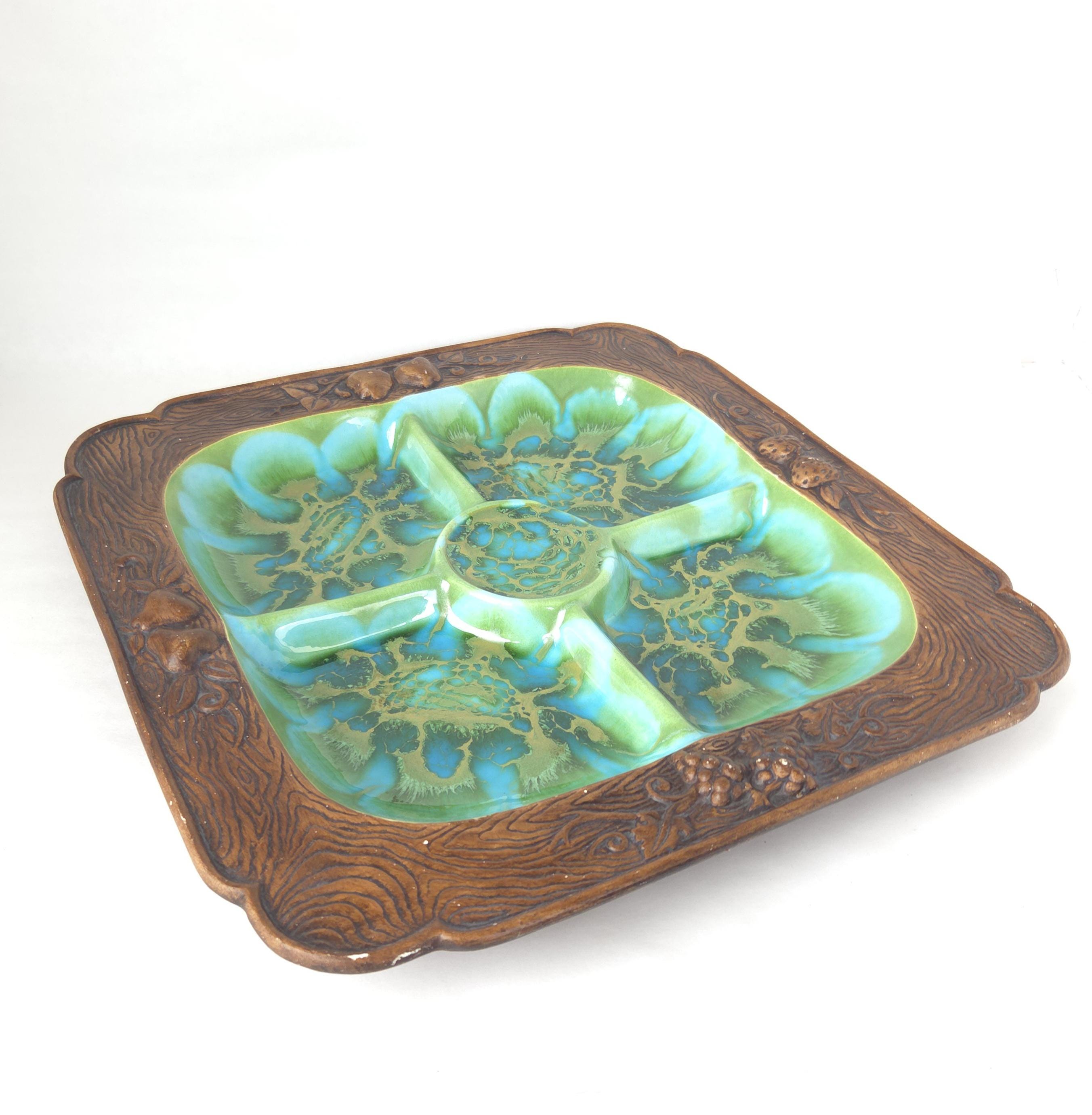 1960's Treasure Craft 4 Section Tray in Turquoise and Green