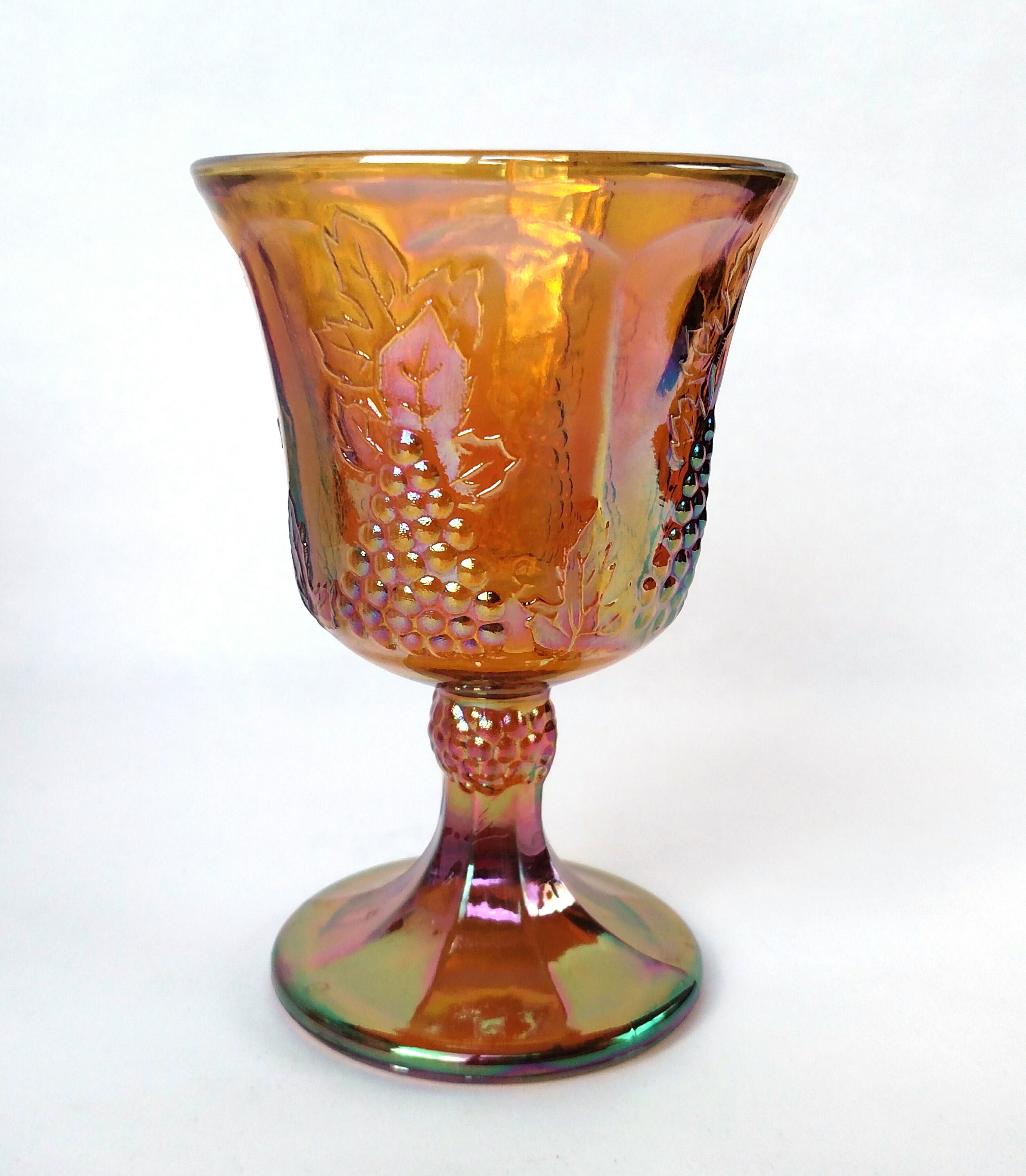 Set of 4 Vintage Marigold Carnival Glass Goblets with Harvest Grape