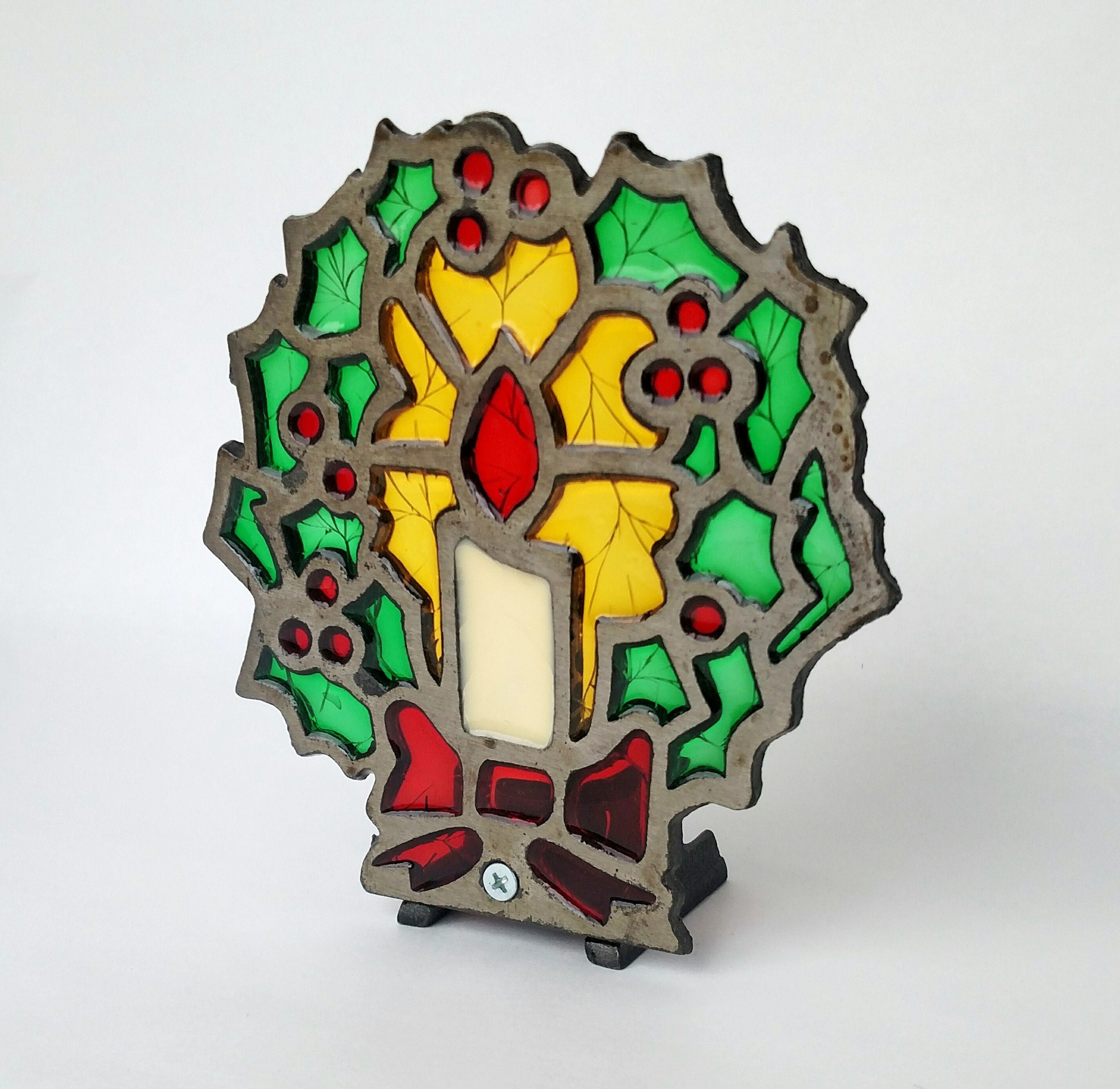 Vintage Stained Glass Candle Holder of Christmas Wreath and Candle