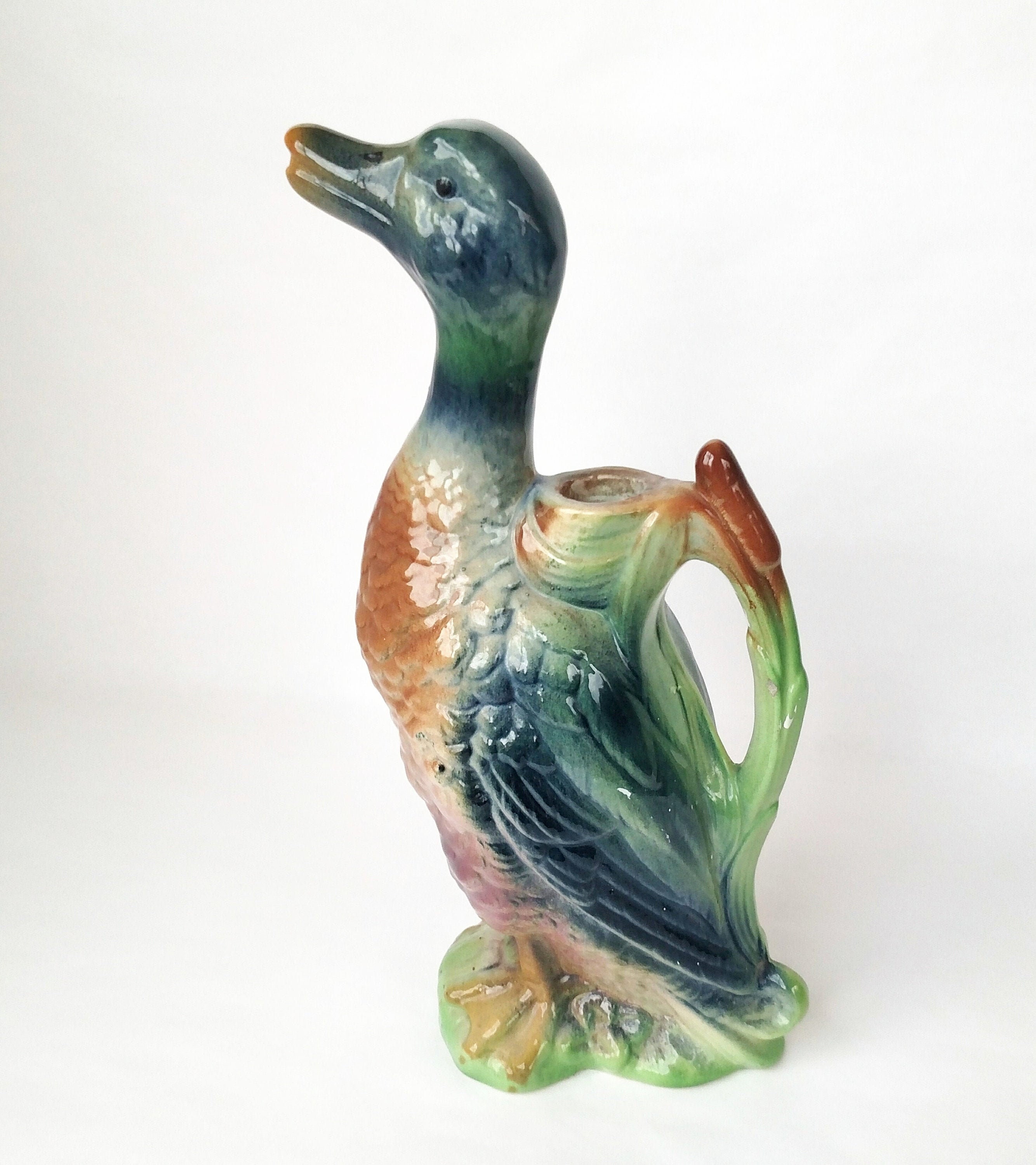 Vintage French Duck Majolica Ceramic Pitcher Bottle