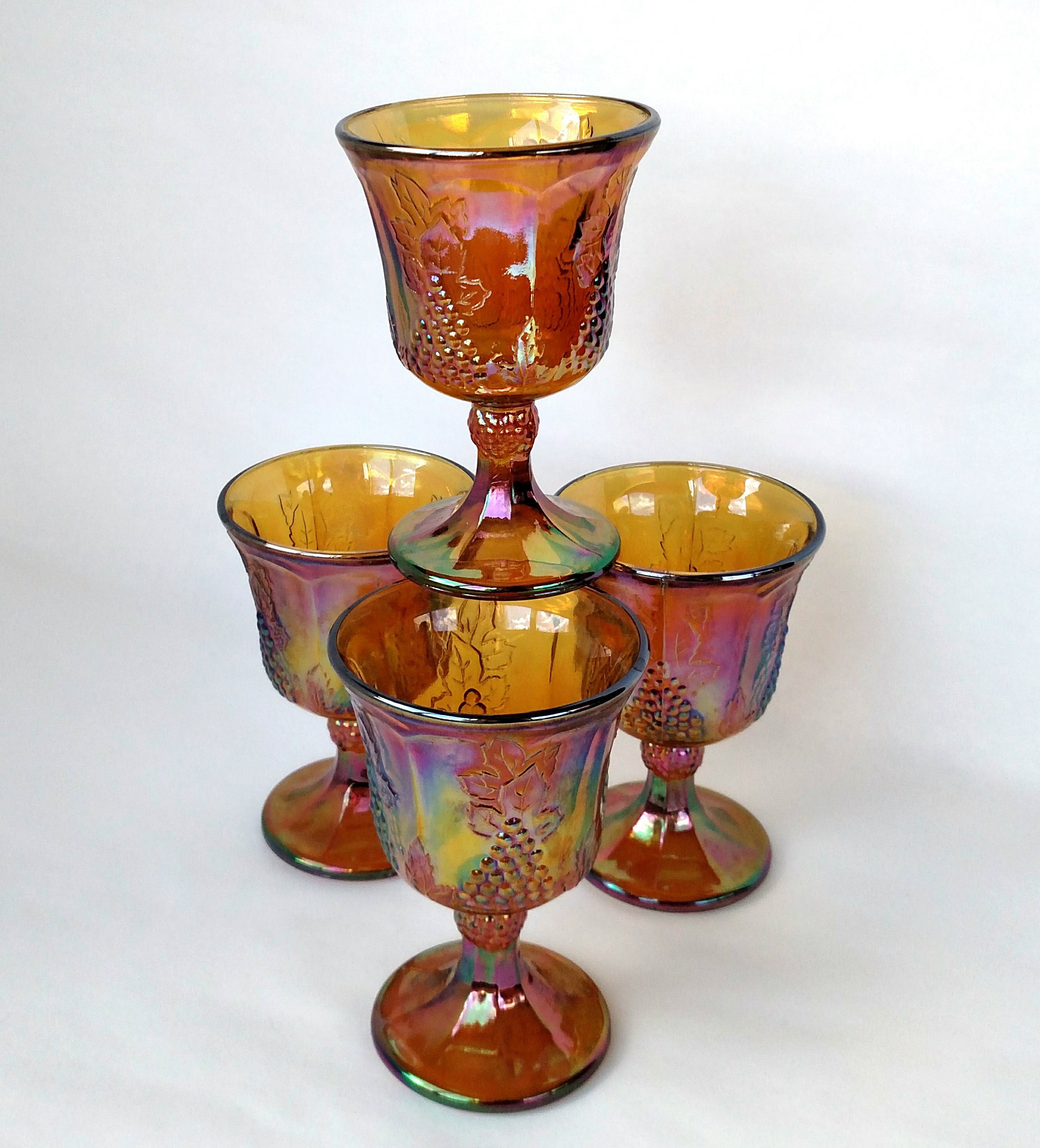 Set of 4 Vintage Marigold Carnival Glass Goblets with Harvest Grape
