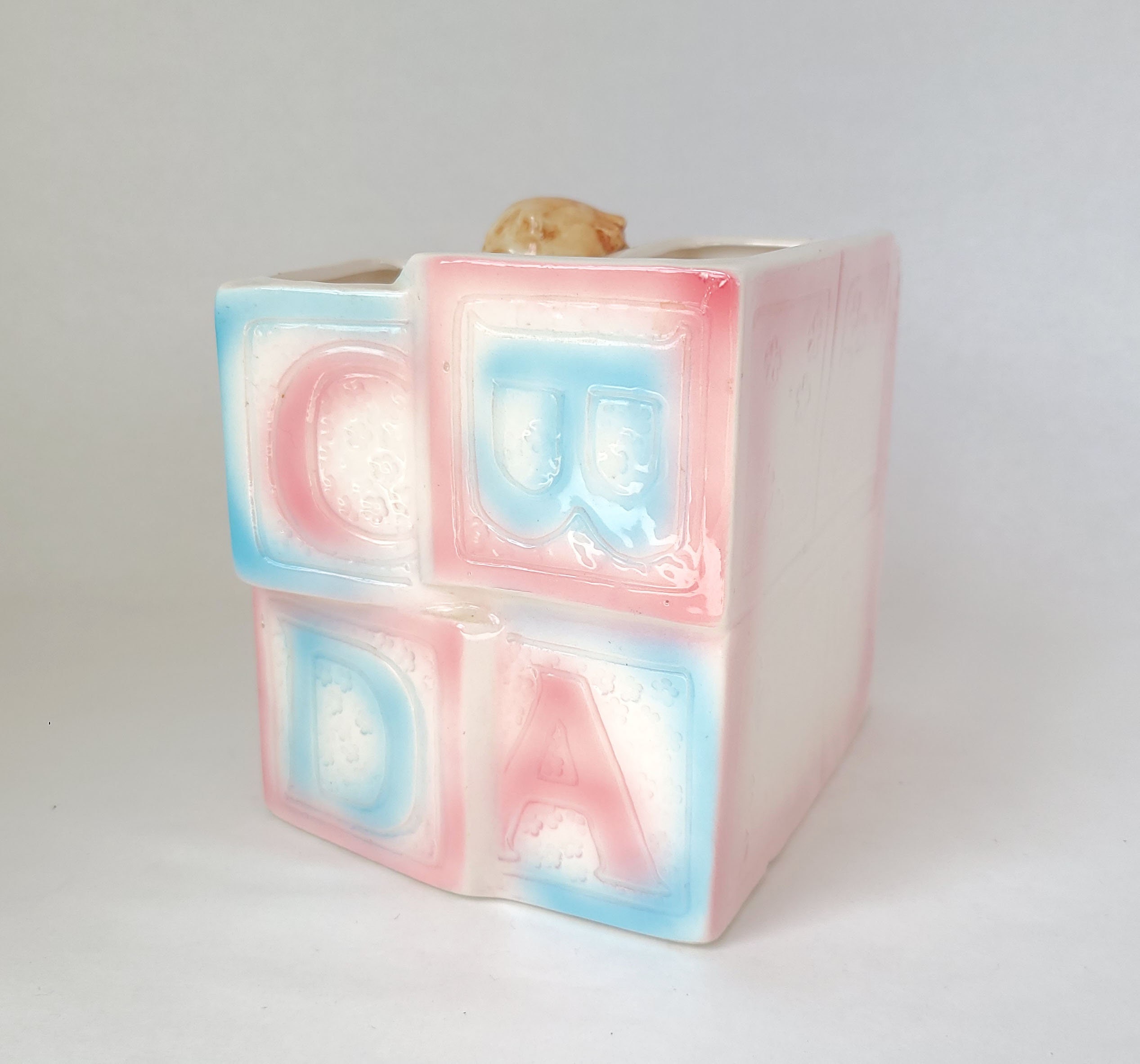 Vintage Ceramic Baby Planter: Alphabet Block Nursery Decor - Made