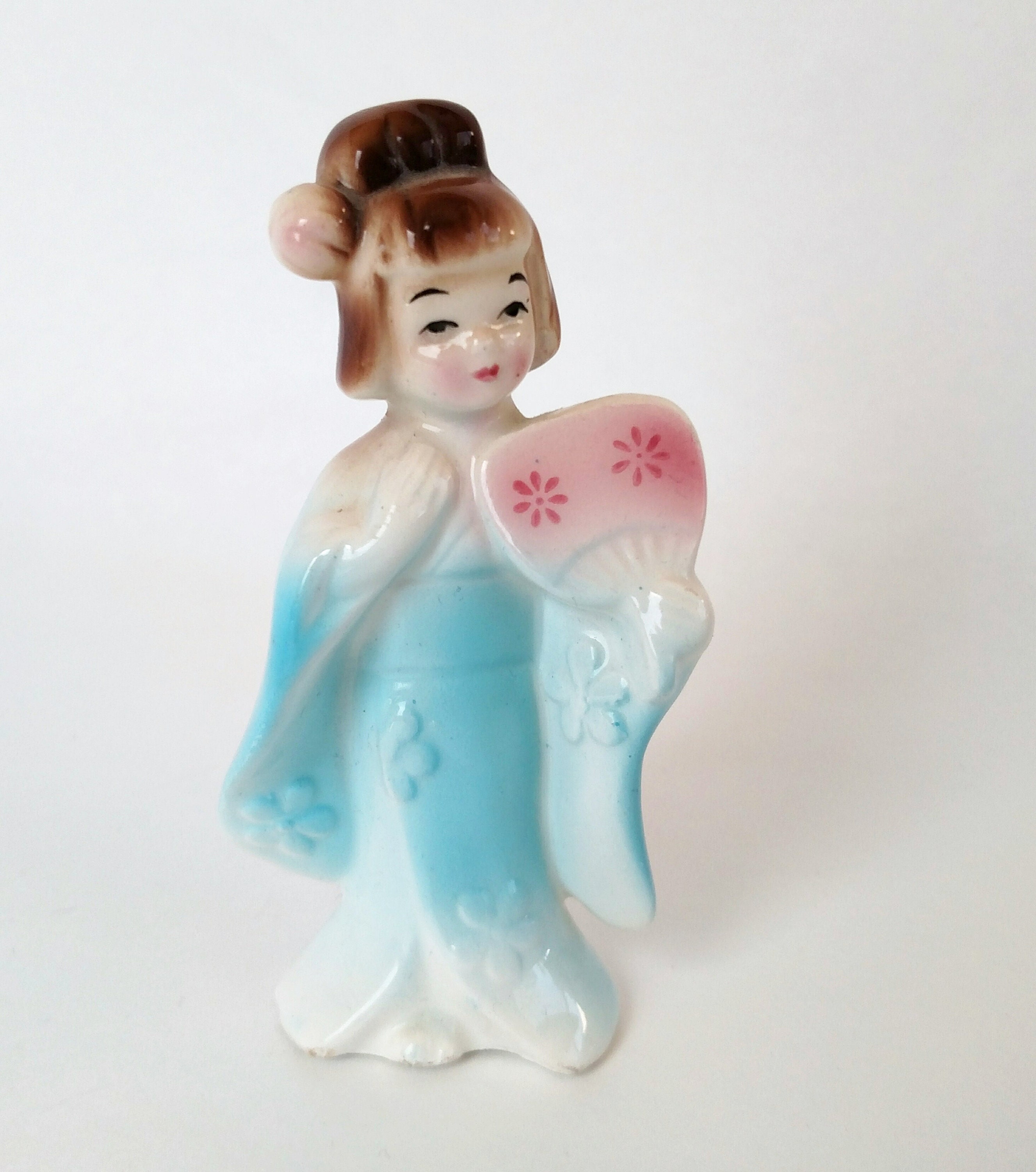 Vintage Kitschy Cute Ceramic Geisha Girl Figurine in Blue Kimono with