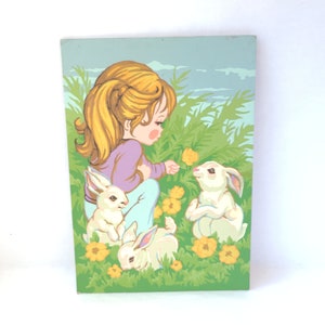 Vintage Paint By Number Girl with Rabbits Vintage Painting / Kitschy Cute / Vintage Nursery / Vintage Kitsch / Kitschy Painting image 2