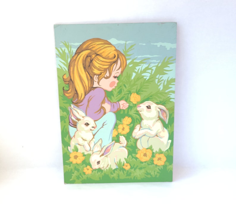 Vintage Paint By Number Girl with Rabbits Vintage Painting / Kitschy Cute / Vintage Nursery / Vintage Kitsch / Kitschy Painting image 2