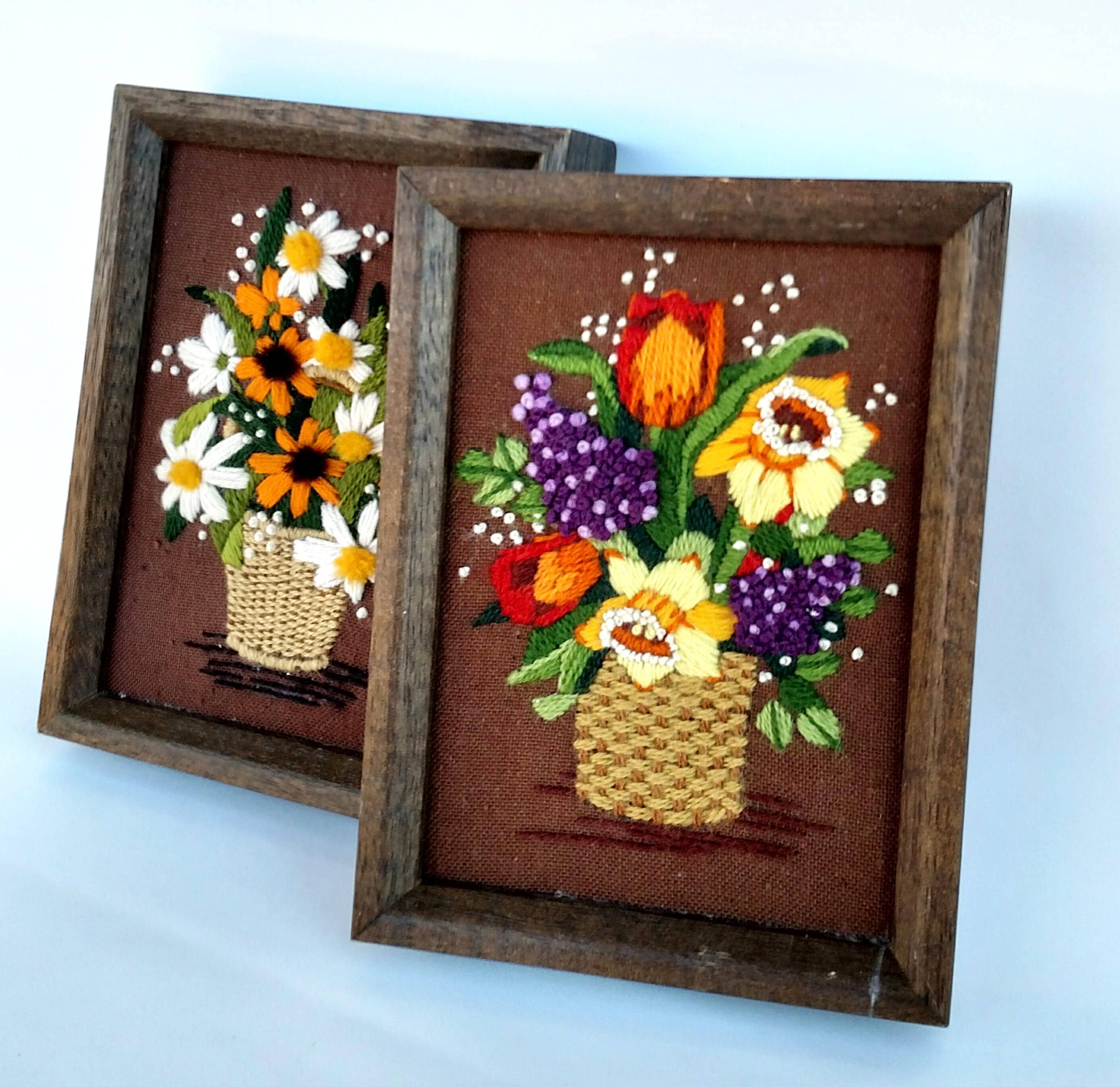 Set of 2 Vintage Framed Flower Crewel Embroideries
