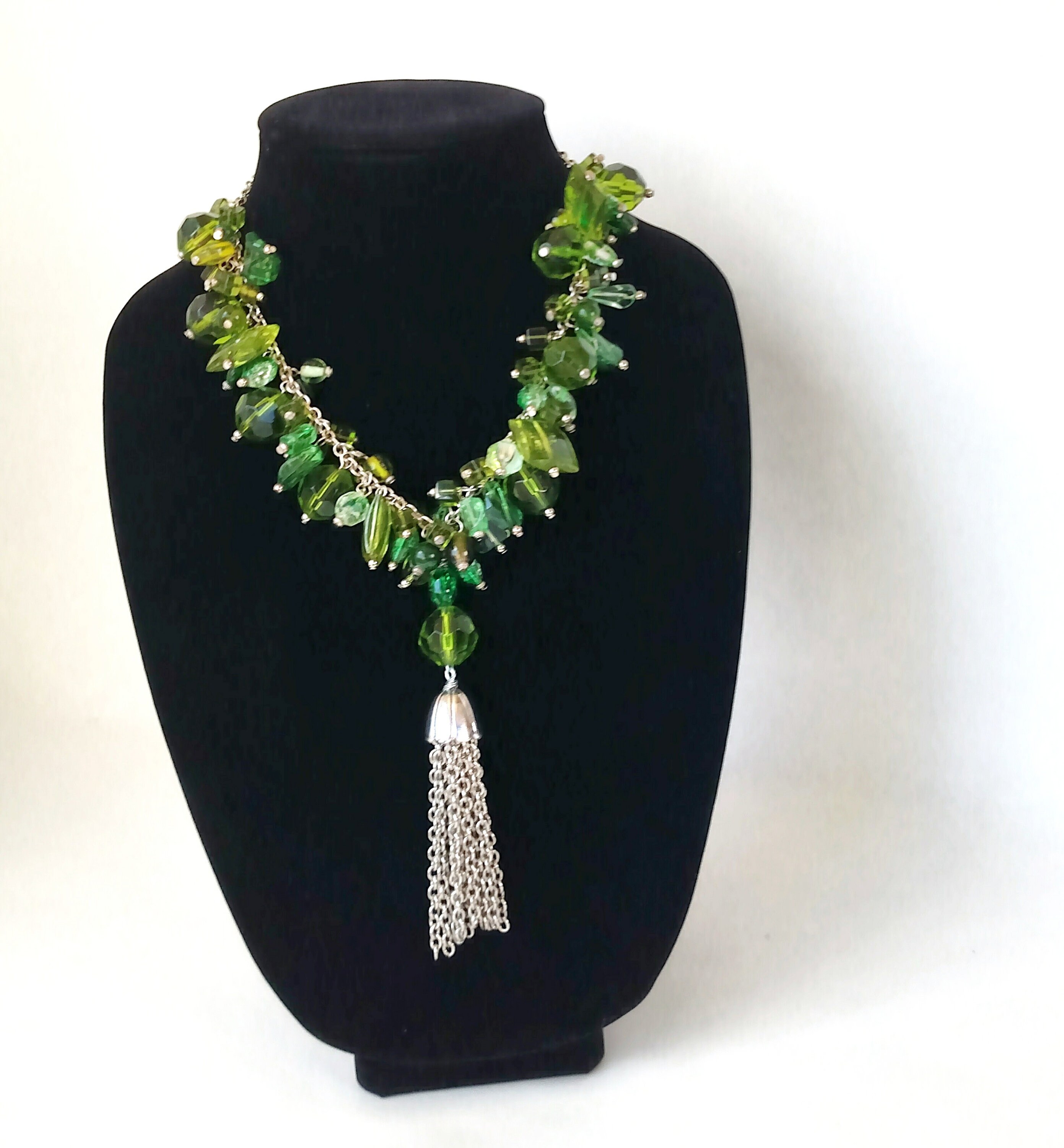Green Bead Cascade Necklace with Silver Chain Tassel