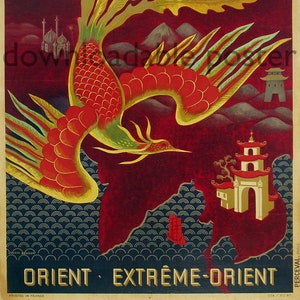 以下が含まれることがあります： エアフランスのヴィンテージな旅行ポスター。赤と金の鳳凰が、山とパゴダのある様式化された風景の上を飛んでいます。ポスターの下部には「オリエント エクストリーム オリエント」という文字があります。