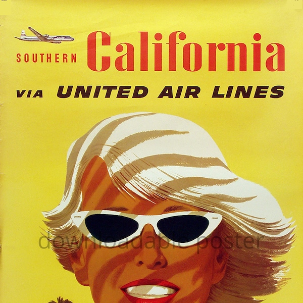 Printable Vintage Travel Poster Downloadable File - Southern California - United Airlines - JPG Format