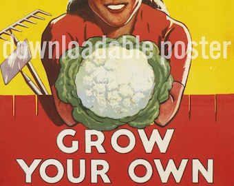 Imprimible Vintage Propaganda Poster Archivo Descargable (Fitting for the Pandemic!) - Dig for Victory - Grow Your Own Vegetables - Formato JPG