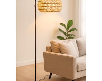 Boho Rattan Arc Floor Lamp – Woven Shade, Wooden Base