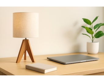 Minimalist Wooden Tripod Table Lamp – Linen Shade Bedside Light