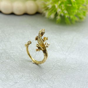 May include: A gold-coloured ring with a detailed lizard design. The ring wraps around the finger, with the lizard's body forming the main decorative element. The lizard is depicted with textured scales and outstretched limbs.