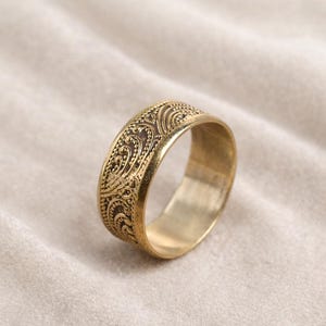 Vintage Gold Engraved Band Ring, Wide Paisley Pattern Ring, Boho Statement Band, Floral Scroll Ring, Gift for Her or Him