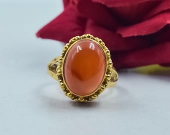 Oval Orange Cabochon Gold Ring | Vintage Style Handmade Gemstone Ring | Statement Ring Gift for Men Women