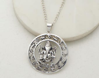 Collier à pendentif Ganesha, bijoux dieu hindou Ganpati, breloque Ganesha en argent, collier de protection spirituelle, cadeau de méditation yoga