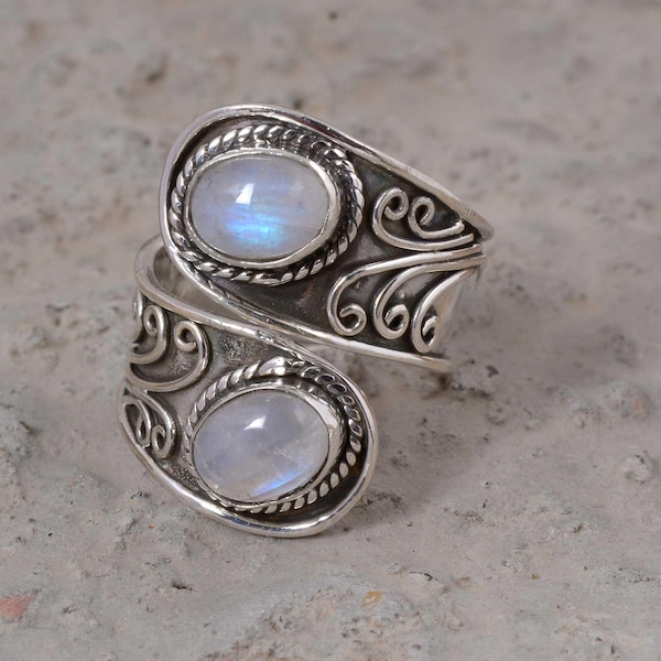 Anillo de plata ajustable con piedra lunar, anillo abierto con doble piedra, anillo llamativo de plata de ley, anillo vintage con piedras preciosas, regalo hecho a mano.