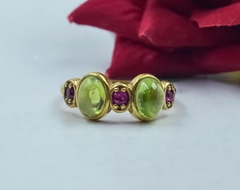 Green Peridot & Purple Amethyst Gold Ring, Vintage Style Gemstone Band, Boho Statement Ring, Handmade Look Jewelry Gift