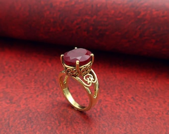 Vintage Ruby Gold Ring, Oval Red Stone Filigree Ring, Handmade Statement Ring, Antique Style Cocktail Ring Gift for Her