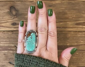 Natural Turquoise Statement Ring, Rectangular Turquoise Silver Ring, Handmade Vintage Style Ring, Boho Gemstone Jewelry Gift