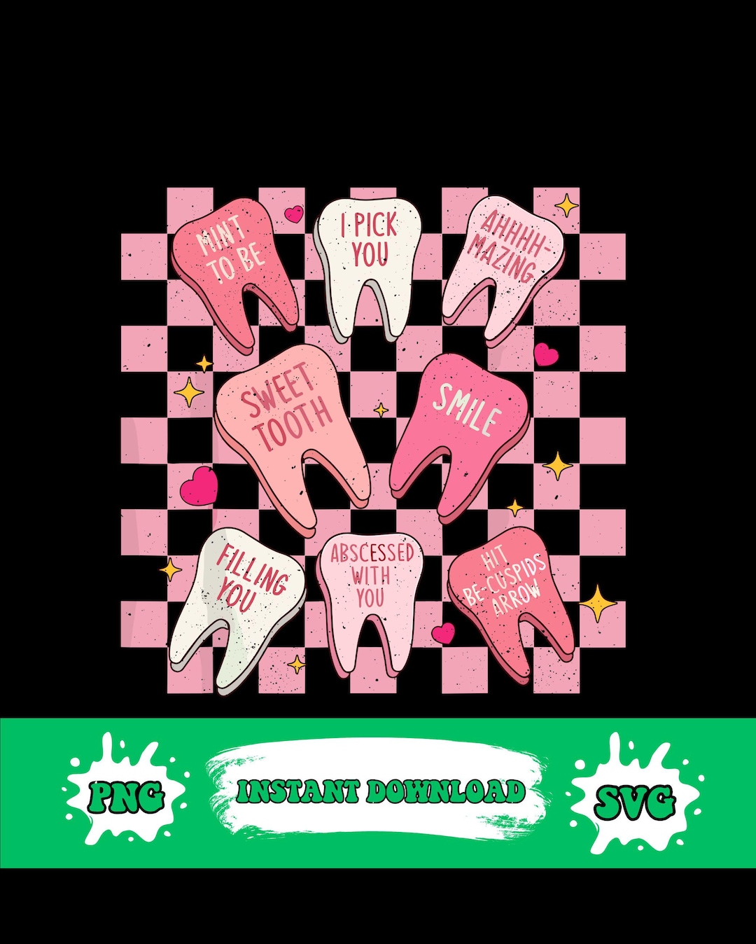 Pink Checkered Tooth Valentine's Day PNG SVG - Etsy