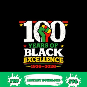 Puede incluir: Diseño gráfico negro con el texto "100 YEARS OF BLACK EXCELLENCE 1926-2026". El diseño incluye un puño en alto en verde, rojo y amarillo, con estrellas. También están presentes las palabras "PNG", "INSTANT DOWNLOAD" y "SVG".