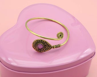 Bracelet manchette améthyste en laiton fait main - Bracelet jonc bohème réglable en pierres précieuses - Cadeau unique de bijoux spirituels artisanaux pour elle