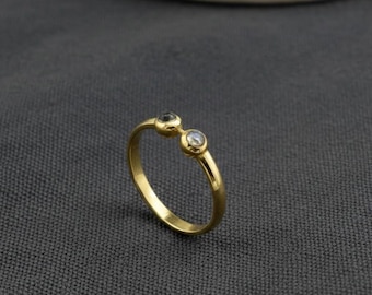 Minimalist Gold Open Ring with Dual Gemstones, Handmade Adjustable Gold Ring, Dainty Stackable Ring, Modern Everyday Jewelry Gift