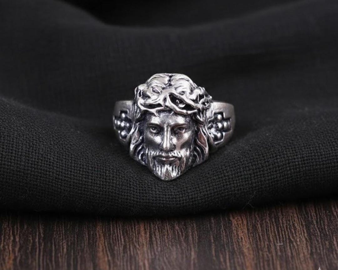 Religious Face Statement Ring, Silver Tone Crowned Figure Ring, Gothic ...