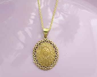 Ethnic Brass Oval Pendant Necklace – Handmade Filigree Tribal Jewelry, Boho Statement Necklace, Artisan Festival Gift