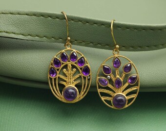 Handmade Brass Amethyst Earrings – Boho Tree of Life Dangle Jewelry – Purple Gemstone Drop Earrings Gift for Her