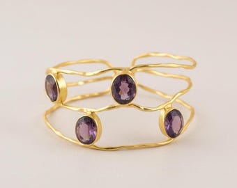 Bracelet manchette en laiton améthyste, bijoux en pierres précieuses faits main, jonc bohème réglable, bracelet en cristal curatif, cadeau artisanal pour elle
