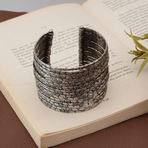 Oxidized Silver Brass Cuff, Wide Tribal Bangle, Vintage Style Bracelet, Handmade Boho Statement Arm Cuff Jewelry Gift For Her