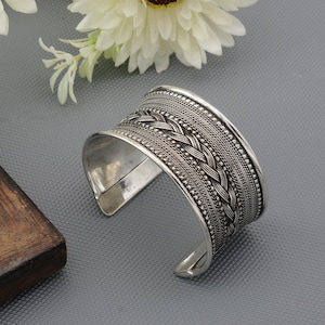 Tribal Silver Brass Cuff Bracelet • Oxidized Wide Bangle • Boho Statement Jewelry • Handmade Ethnic Bracelet • Adjustable Gift for Her