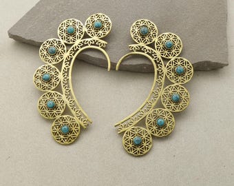 Handcrafted Brass Turquoise Ear Cuff Boho Tribal Geometric Jewelry Non Pierced Earring, Gift for Women and Girls, Accessories,