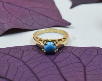 Anillo de latón turquesa, joyería bohemia hecha a mano con piedras preciosas, anillo ajustable de piedra azul, acabado dorado vintage, regalo minimalista para ella.