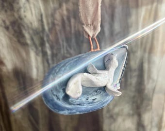 Handmade Oyster Fae Ornament – Blue Mussel Shell & Clay, Folklore Spirit