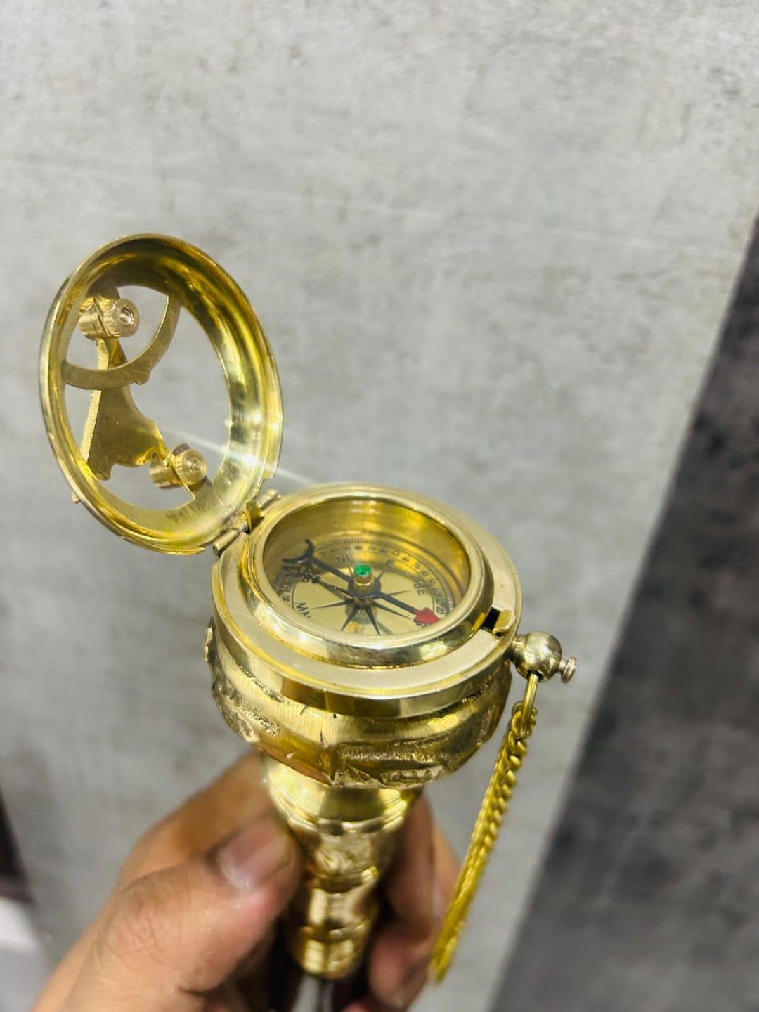 Antique Brass Sundial Compass Head Handle for Handmade Wooden Walking ...