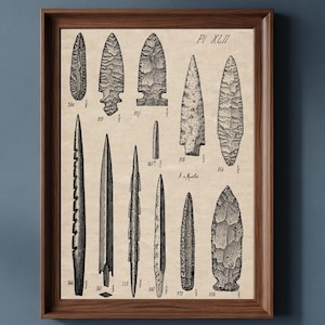 Neolithic harpoon and arrowheads poster: Printable stone age wall art