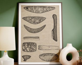 Ilustração de serras de sílex e pedra do Neolítico: Impressão de ferramenta da Idade da Pedra (download digital)