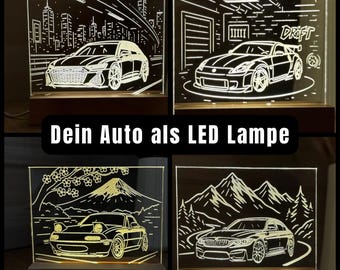 Auto Lampe personalisiert - Wähle dein Wunschauto & Hintergrund, LED Acryl Licht mit Holzsockel - Geschenk für Autofans, Tuning und Männer