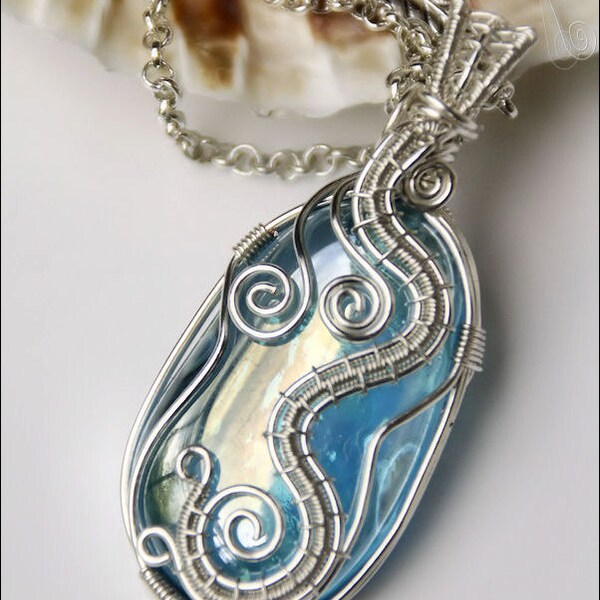 Glass and silver plated wire wrapped pendant - Sea splash