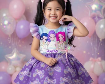 Huntrix Dress for Girls, Purple Kpop Cartoon Dress, Toddler Birthday Party Outfit, Cute Kids Princess Style Dress, Huntrix Outfit