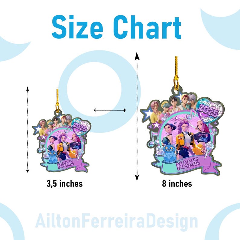 The image is a size chart for a personalized ornament, showing the dimensions of the ornament in inches.