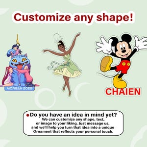 The image is a collage of three different cartoon characters: a blue creature with a pink and purple scarf, a dancing girl in a green dress, and a classic Mickey Mouse. The characters are arranged in a way that suggests they are being customized to create a unique ornament.