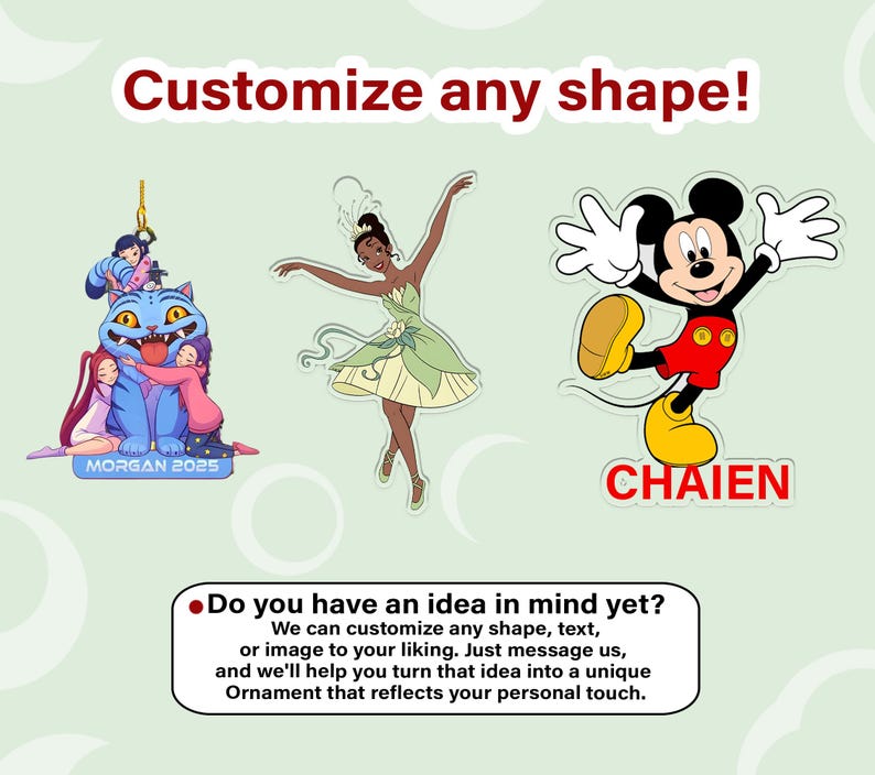 The image is a collage of three different cartoon characters: a blue creature with a pink and purple scarf, a dancing girl in a green dress, and a classic Mickey Mouse. The characters are arranged in a way that suggests they are being customized to create a unique ornament.
