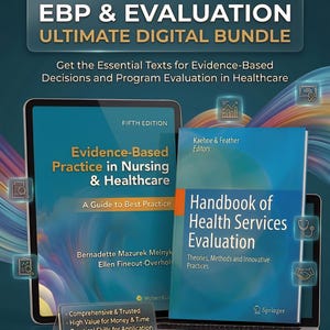 以下が含まれることがあります： 医療専門家向けのデジタルバンドルで、「Evidence-Based Practice in Nursing & Healthcare」と「Handbook of Health Services Evaluation」を収録。「EBP & EVALUATION ULTIMATE DIGITAL BUNDLE」のテキストとEtsyのロゴが含まれています。