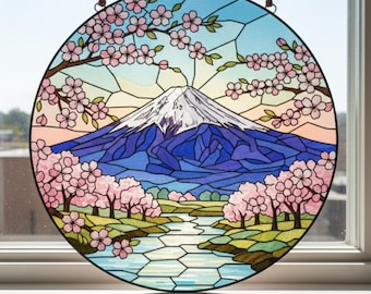 Mount Fuji - Honshu, Japan: Stained Glass Style Window Hanging