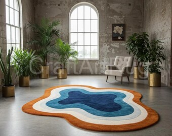 Abstract Wavy Area Rug – Modern Organic Blue, Teal & Rust Carpet